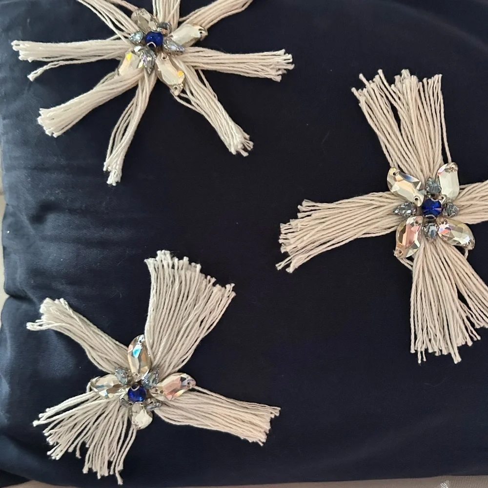 🍀3 for &25 Safavieh Throw Pillow Navy Blue White Tassel Star Crystal Beaded